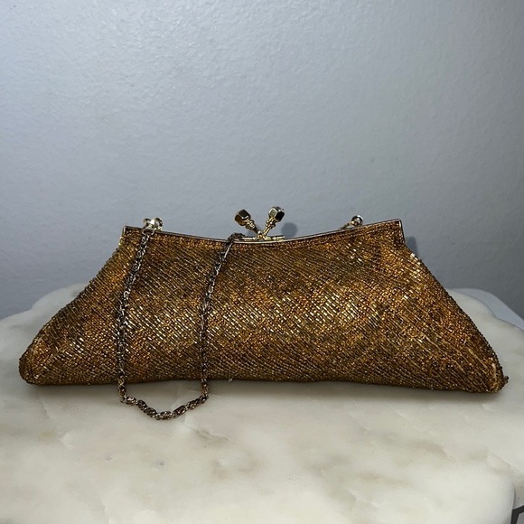 Women's Evening Bag Lovely New York Satin Golden beaded Clasp Chain /Clutch - Picture 1 of 12